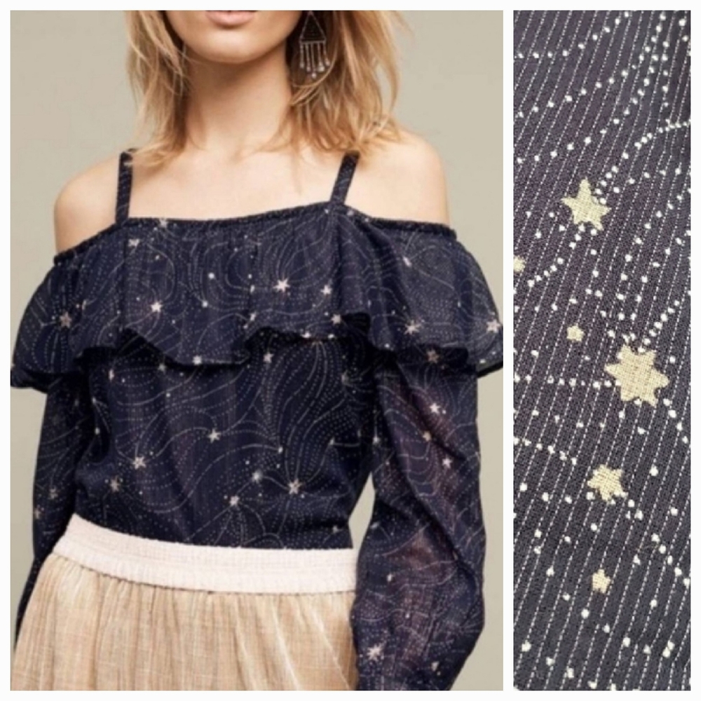 Anthropologie Floreat Blue Starlit Off The Shoulder Top Blouse Size M